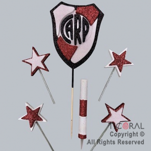 ADORNO DE TORTA SET ESCUDO RIVER CON 4 ESTRELLAS Y BENGALA GIBRE x 1